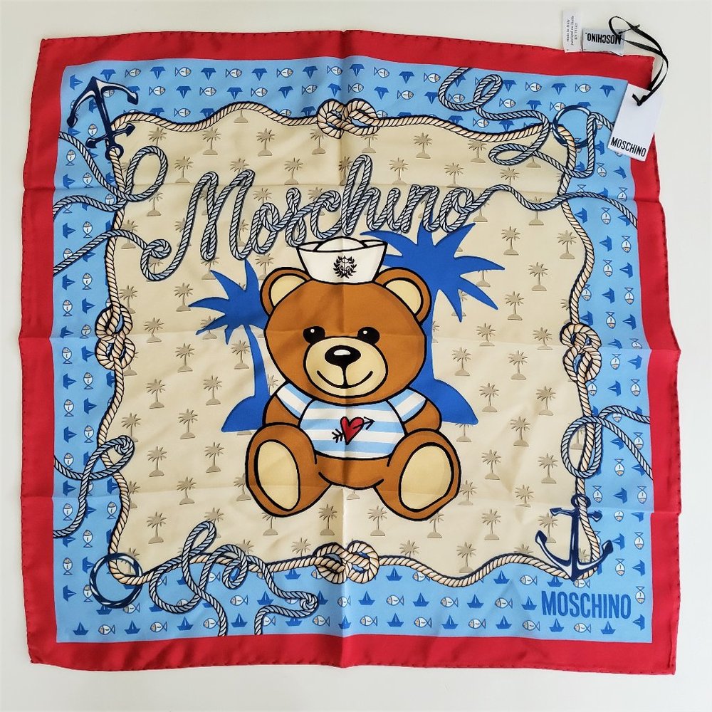 NWT Moschino 100% silk Scarf Italy Nautical Sailor heart bear